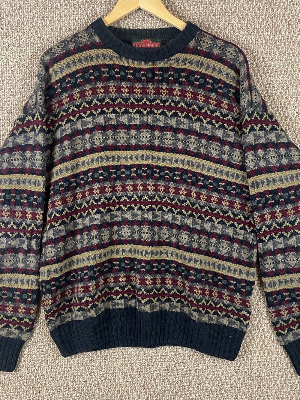 VTG Stone Haven Sweater Mens L Fair Isle Nordic Hemp Cotton Knit Grandpa T674
